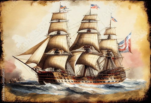 Fotografie, Tablou old british ship fighting old french ship watercolour Generative AI