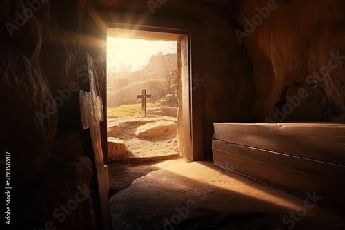 Empty tomb with crucifix at dawn. Resurrection concept made with generative AI © Vitalii But