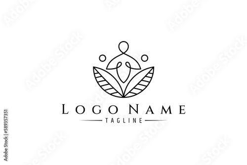 abstract logo of meditation or yoga people with combination of leaf shapes and water bubbles in line art design style concept