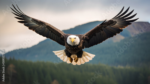 Majestic Bald Eagle Spreading Its Wings and Soaring Through the Blue Skies of North America. generative ai.