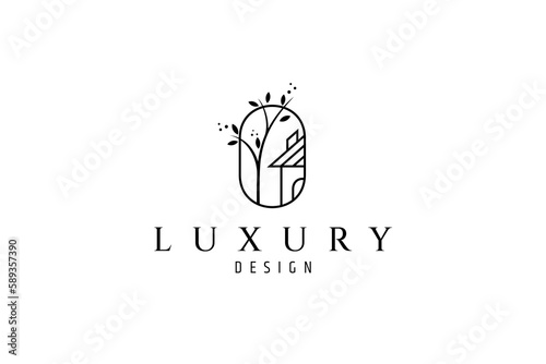 house with tree logo in oval frame line art design style