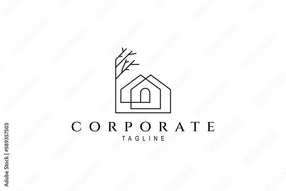 house continuous line logo with tree branch