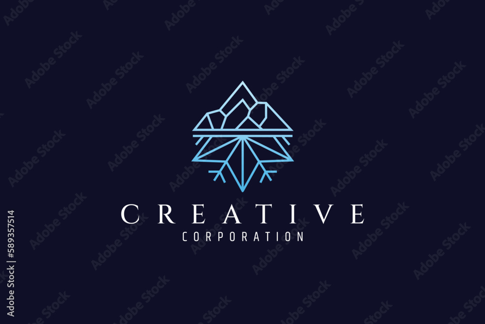 blue iceberg logo with ice flower in one line design style blue iceberg logo with ice flower in one line design style