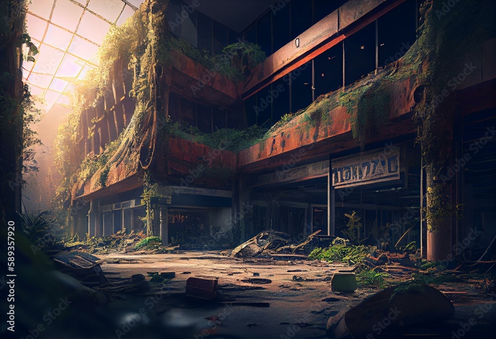 post apocalyptic shopping mall, dystopic overgrown ruin, banner format, digital painting. Generative AI