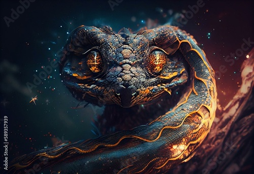 Powerful Epic Legendary Snake in Universe. Spiritual Animal Awakening Concept.Magical Fantasy Epic Wallpaper. Generative AI © Aiden