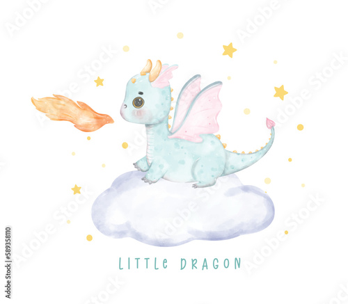 Adorable baby dragon on cloud watercolour, whimsical baby shower children animal nursery illustration