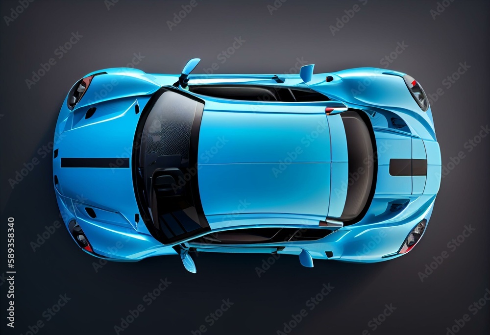 sky blue sports racing luxury car on the road top view transparent background 3D PNG. Generative AI