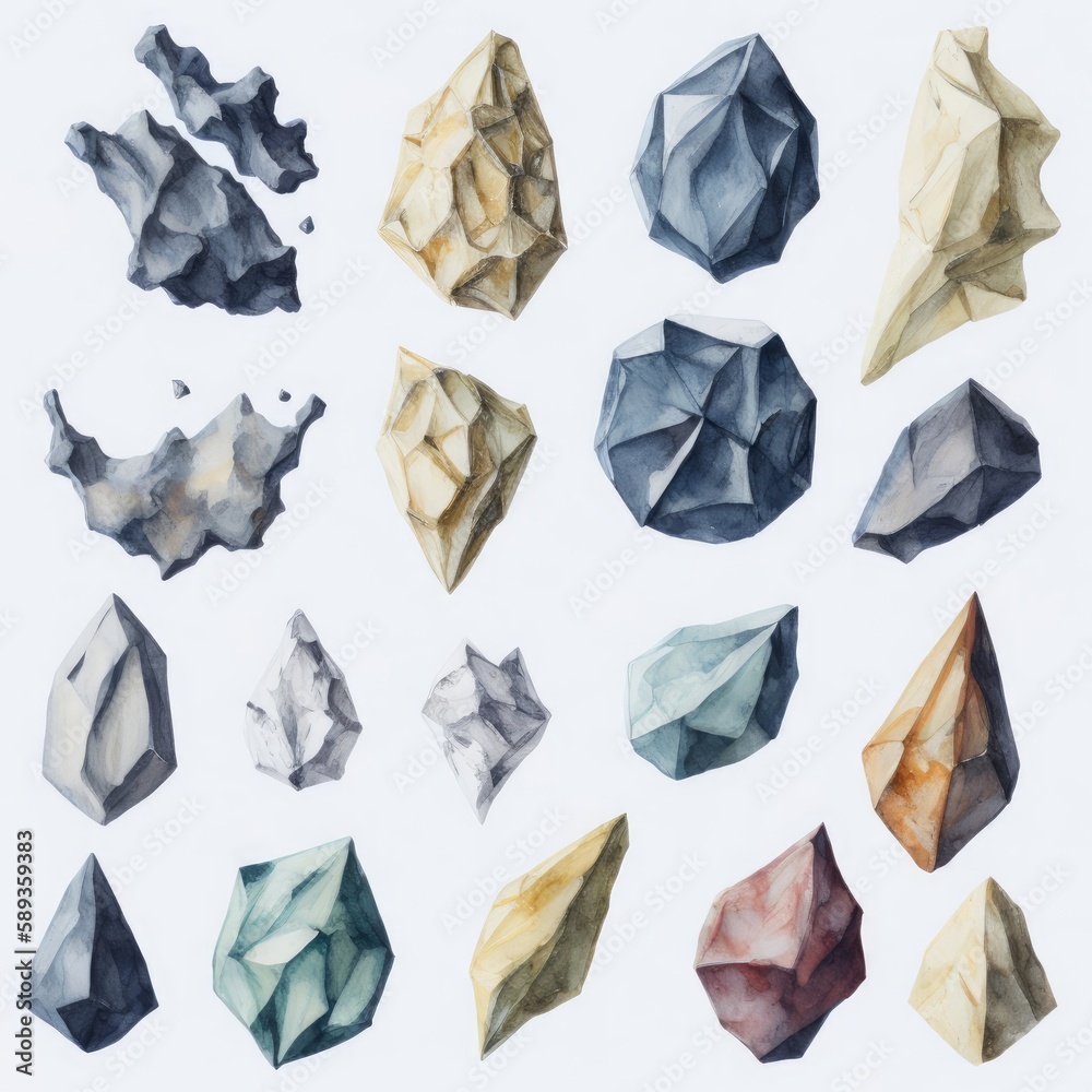 set of many different stones and asteroids in watercolor artstyle. Generative AI set of many different stones and asteroids in watercolor artstyle. Generative AI