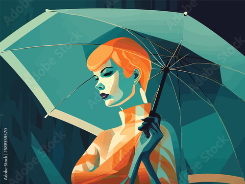 Rainy Reverie: A Dreamy Neo-Pop Illustration of a Woman and Her Umbrella