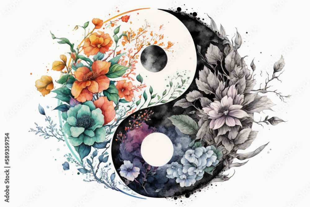 Floral ying yang symbol, watercolor meditation and mindfullnes lifestyle concept art, spiritual awerness, mental soul health, self care, healthy habit, relief generative ai	 - obrazy, fototapety, plakaty 