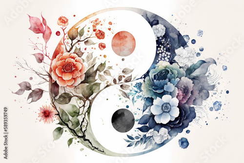 Floral ying yang symbol, watercolor meditation and mindfullnes lifestyle concept art, spiritual awerness, mental soul health, self care, healthy habit, relief generative ai	 photo
