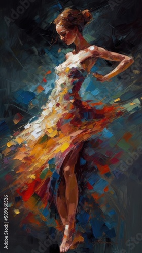 Abstract colorful woman dancer oil painting. Swirling, twirling, dress clothing movement. 