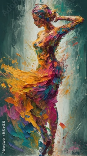 Abstract colorful woman dancer oil painting. Swirling, twirling, dress clothing movement. 