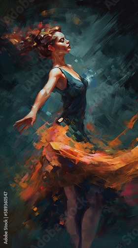 Abstract colorful woman dancer oil painting. Swirling, twirling, dress clothing movement. 