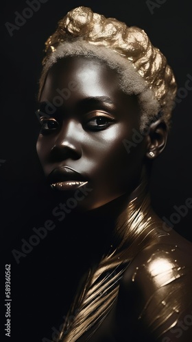 Beautiful African woman with gold makeup. Stunning model woman black and gold. Metallic makeup.  © Fox Ave Designs