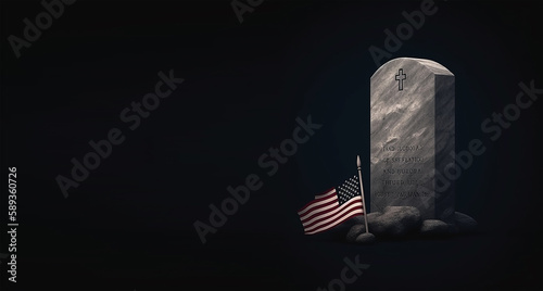 Memorial Day - illustration with usa flag and headstone with copy space, Generative ai