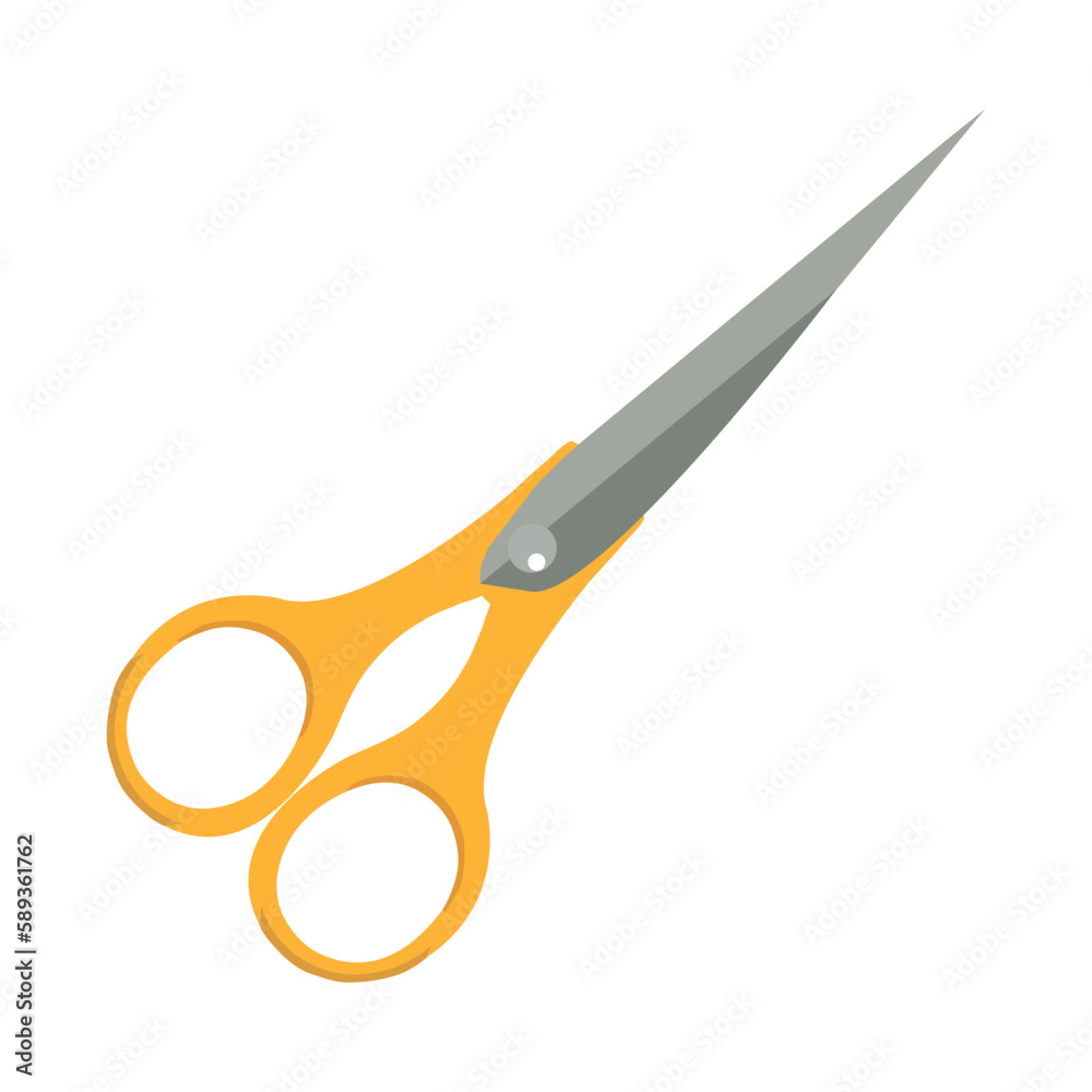 Sharp steel scissors cutting paper, working hand Sharp steel scissors cutting paper, working hand