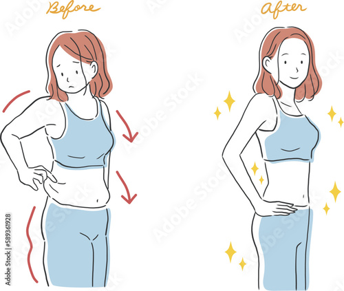 ダイエットに成功した女性のビフォーアフターイラスト素材