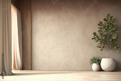 Empty Room interior background with a beige concrete wall. Generative Ai.