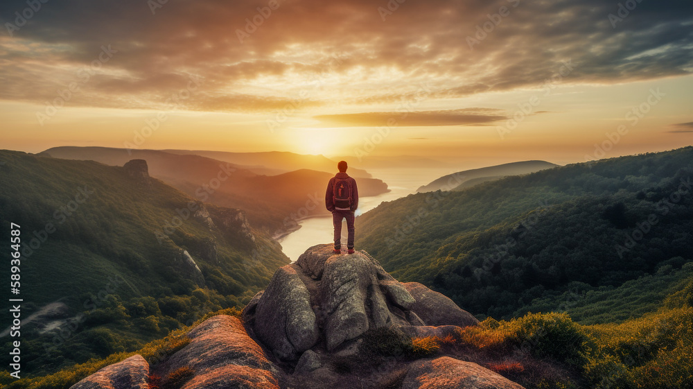 man standing on a cliff looking in front of the sun