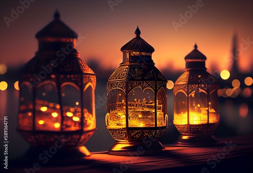 Golden lanterns with dusk sky and city bokeh light background for the Muslim feast of the holy month of Ramadan Kareem. Generative AI