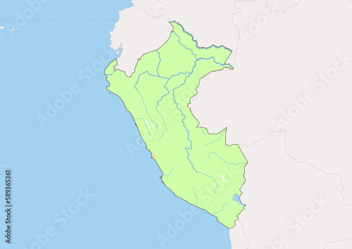 High detailed vector Peru physical map, topographic map of Peru on white with rivers, lakes and neighbouring countries. 