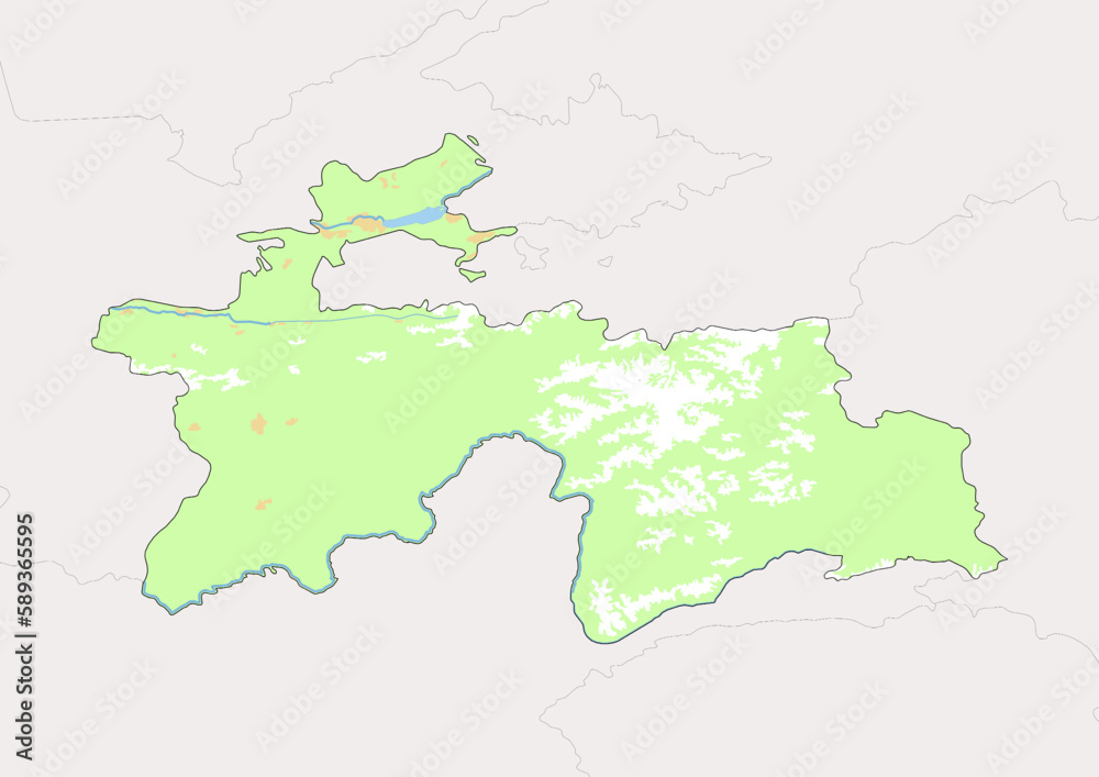 High detailed vector Tajikistan physical map, topographic map of Tajikistan on white with rivers, lakes and neighbouring countries. 