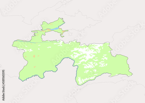 High detailed vector Tajikistan physical map  topographic map of Tajikistan on white with rivers  lakes and neighbouring countries. 
