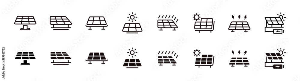 Collection of solar panel power icon set ecology supply battery for electricity vector design illustration