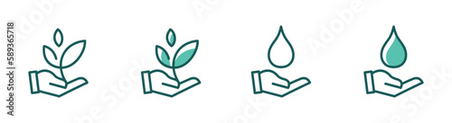 Save the earth for plants and water supply icon with hand-holding plant and water drop collection set vector design
