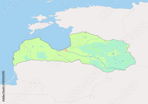 High detailed vector Latvia physical map  topographic map of Latvia on white with rivers  lakes and neighbouring countries. 