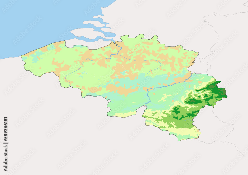 High detailed vector Belgium physical map, topographic map of Belgium on white with rivers, lakes and neighbouring countries. 