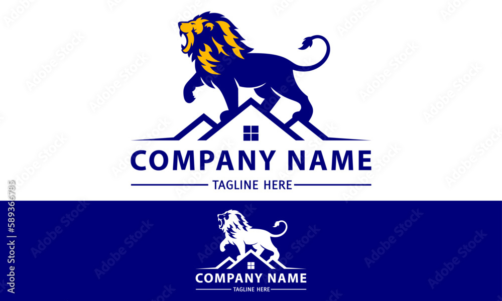 Blue and Orange Color Powerful Lion on Roof House Logo Design