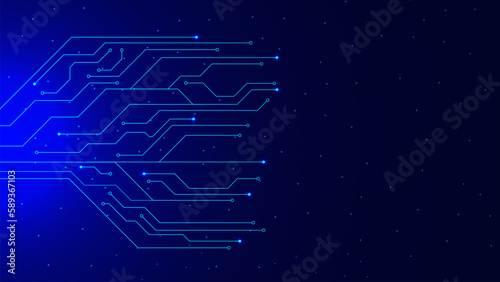 Digital technology circuit board concept backdrop. Scifi PCB trace data transfer on blue background.