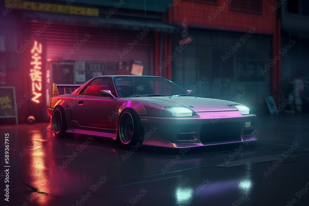 Fototapeta premium Pink Japanese Drifting Car. Created Using Generative AI.