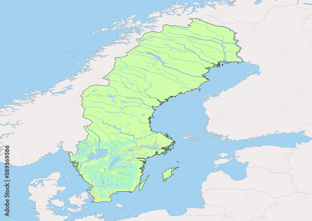 High detailed vector Sweden physical map, topographic map of Sweden on white with rivers, lakes and neighbouring countries. 