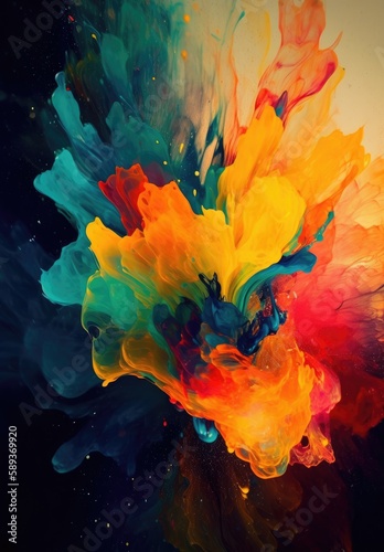 Clouds of colourful paint texture background illustration. Beautiful, vibrant, rainbow flow of colours. Generative AI. 