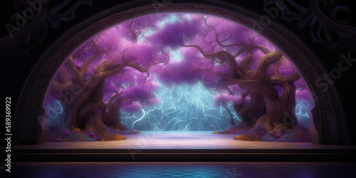 Fantasy tale of a magical portal with pink immortal trees. AI generation