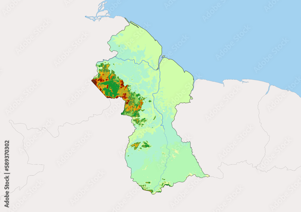 High detailed vector Guyana physical map, topographic map of Guyana on white with rivers, lakes and neighbouring countries. 