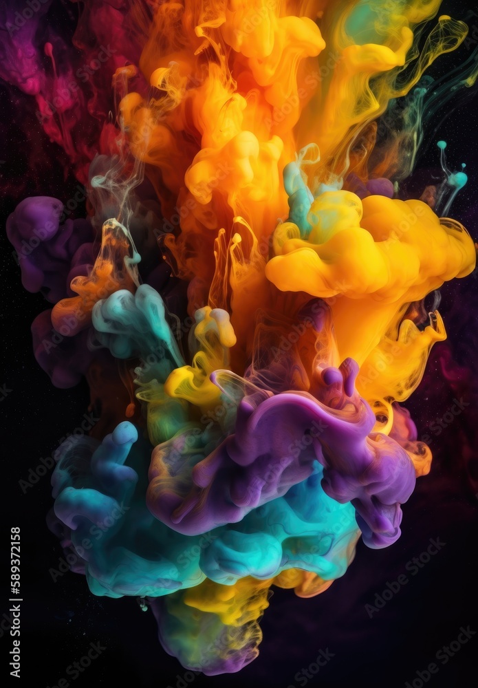 Obraz premium Cloudy Abstract paint splash on a black background. Generative AI. Vibrant flow of paint