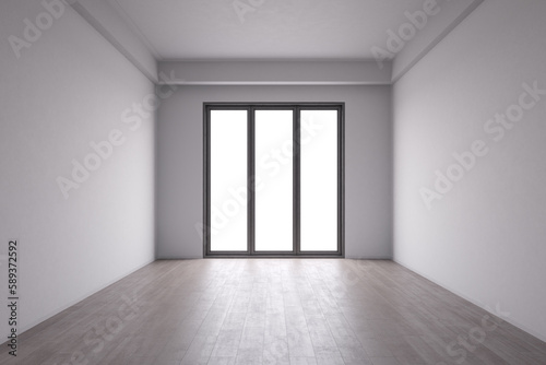 White room interior space with wooden floor and slide door, 3d rendering. 