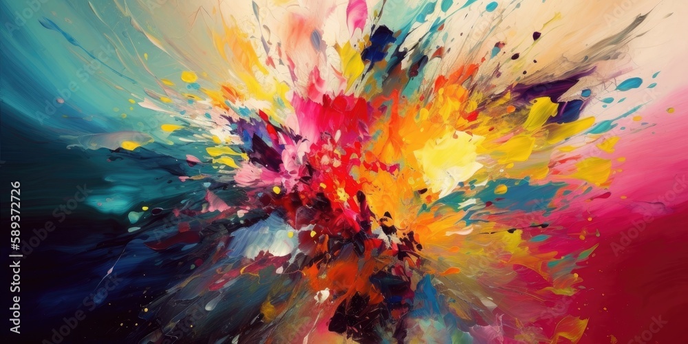Flat Abstract paint splash on canvas. Generative AI. Extremely unique and vibrant flow of paint colour.