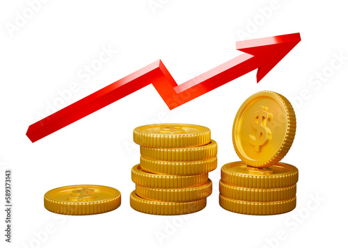 Gold coins with red arrow 3D rendering illustration transparency