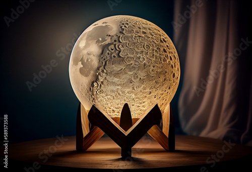 bedside lamp in shape of moon on wooden legs. Generative AI