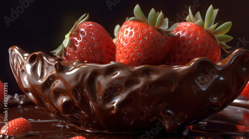 Fresh Strawberry with chocolate fondue, Generative AI