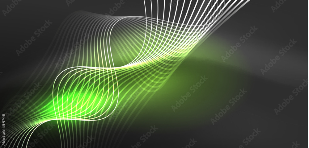 Shiny glowing neon wave. Neon light or laser show, electric impulse, power lines, techno quantum energy impulse, magic glowing dynamic lines