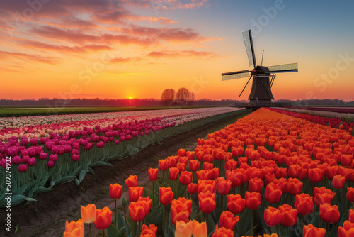 Sunrise at a Dutch Windmill and Tulips