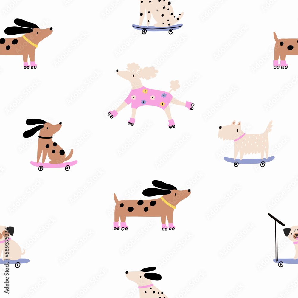 Cute cartoon dog on roller skates. Fun pet character vector