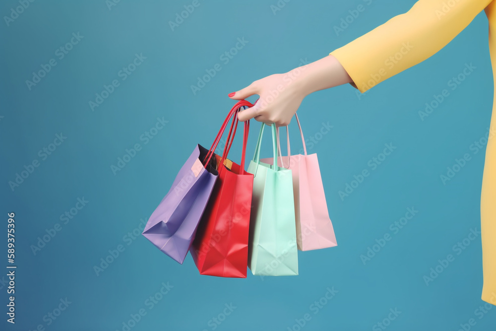 Female hand holding many colorful shopping bags on a blue background, Generative AI	