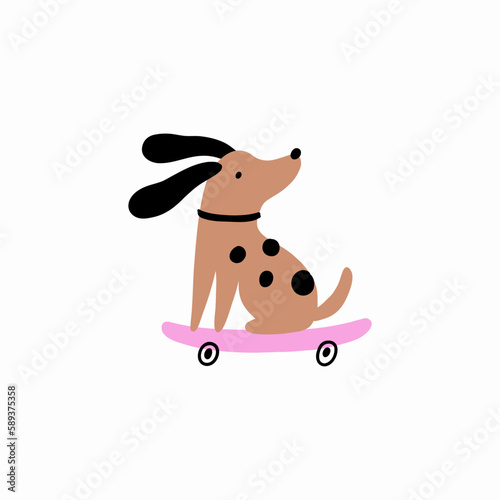 Cute cartoon dog on on a skateboard. Fun pet character - vector illustration in modern style. 